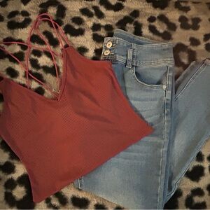 SHEIN Rust Red Ribbed Double-Strap V-Neck Crop Camisole